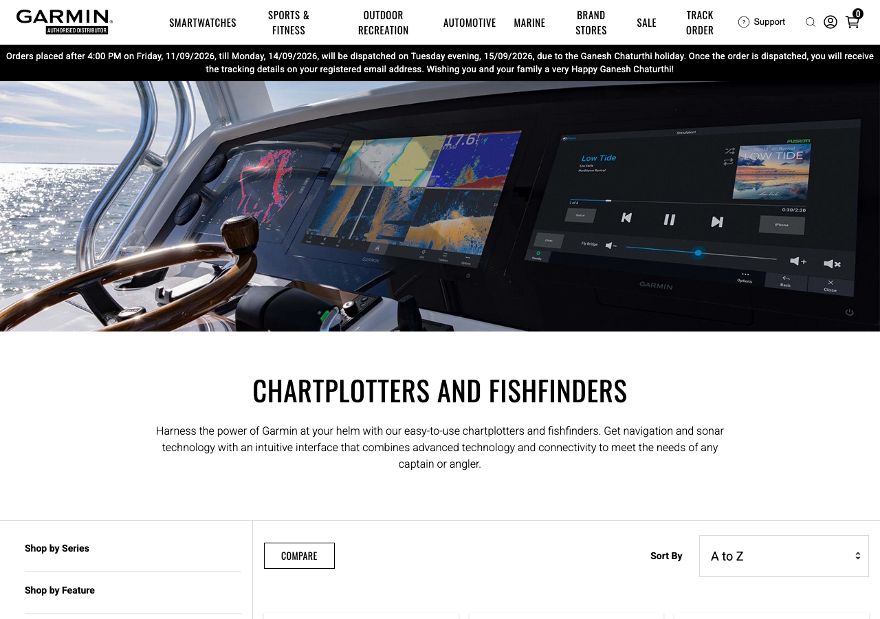 Garmin India authorised distributor store, chartplotters and fishfinders page