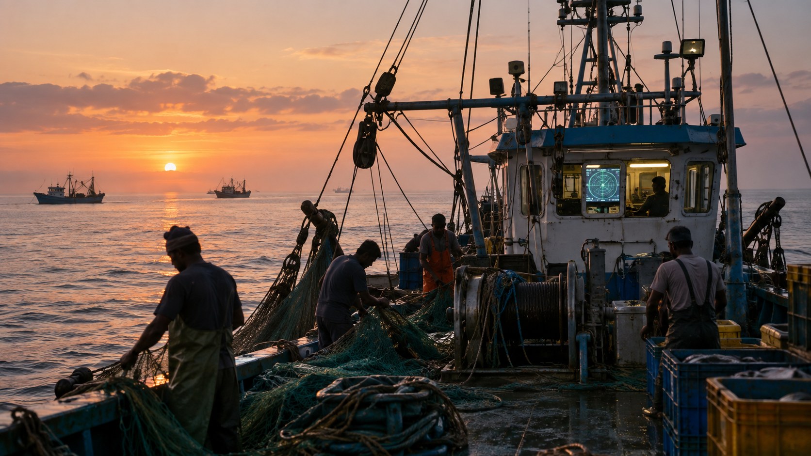 Crew hauling nets on an Indian mechanised trawler at dawn, wheelhouse navigation screen glowing