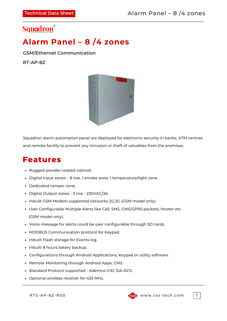First page of Rax's 8-zone alarm panel datasheet (RT-AP-8Z)