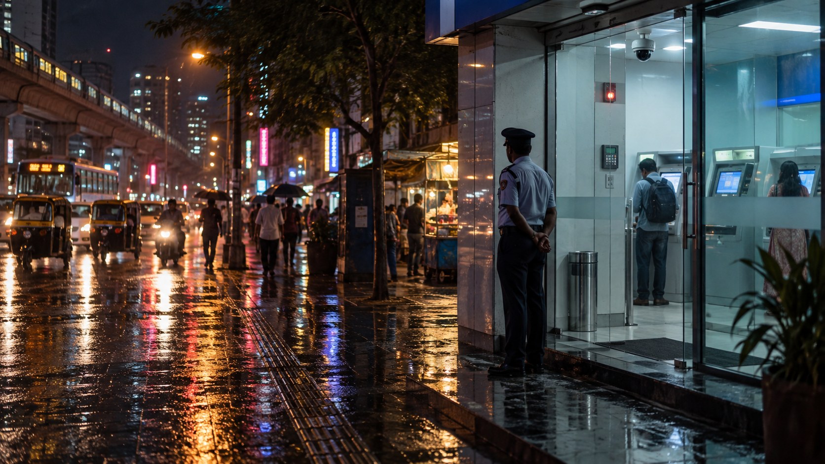 A uniformed guard stands outside a lit bank ATM kiosk with a dome camera on a rain-soaked Indian city street at night