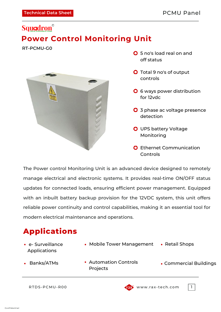 First page of the PCMU power control and monitoring unit datasheet, showing the nine outputs, load-presence detection and UPS battery monitoring