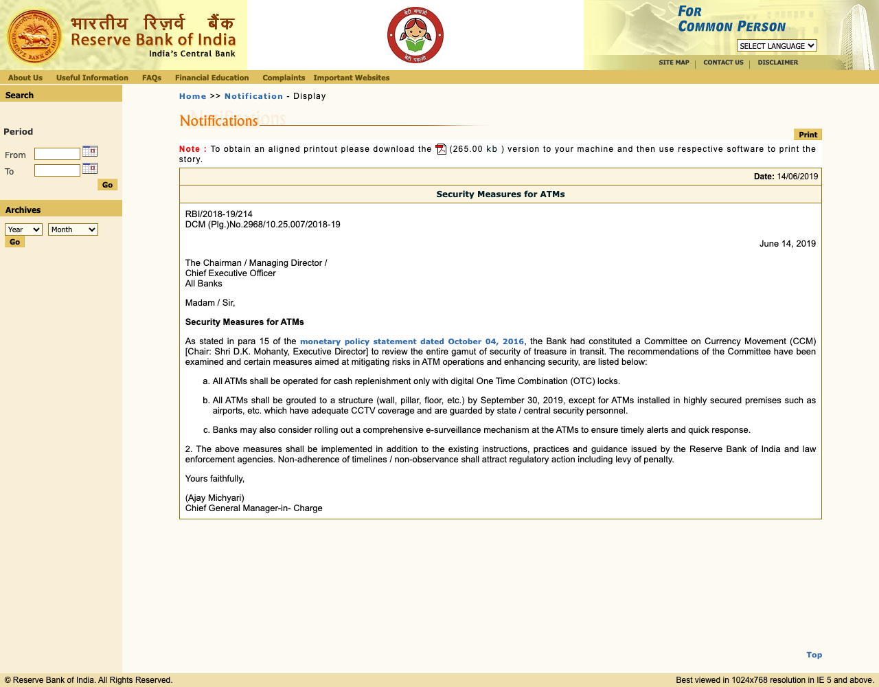 RBI circular of 14 June 2019 on security measures for ATMs, showing the three measures and the penalty clause