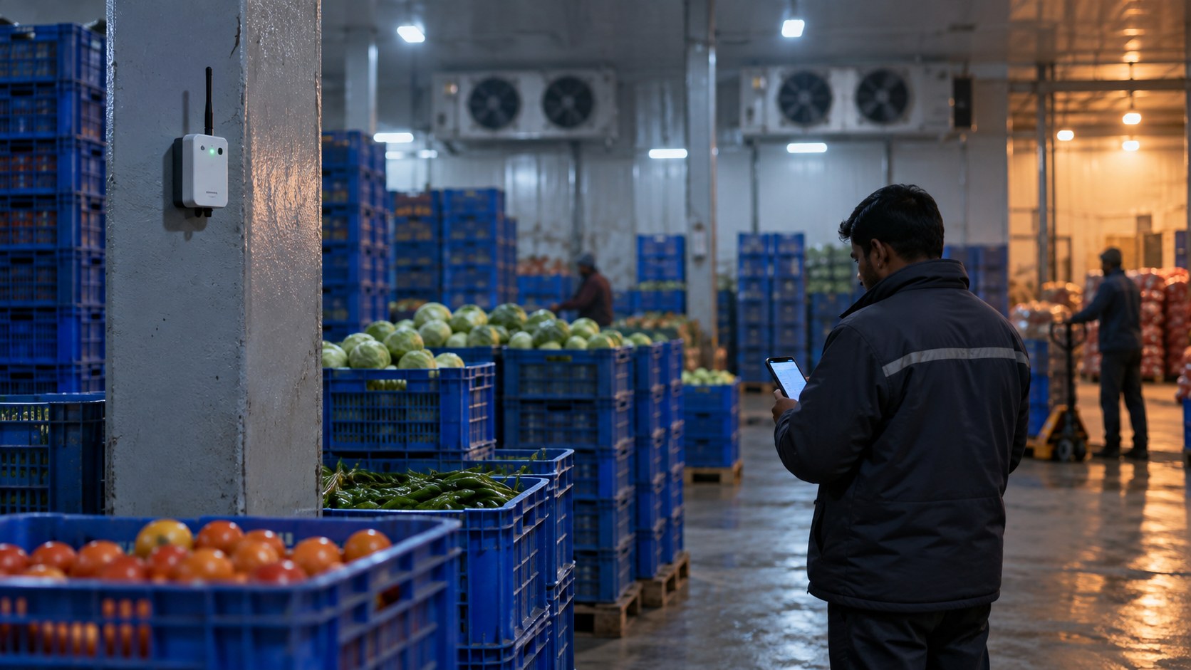 A supervisor checks a phone app in an Indian cold-storage warehouse beside a wall-mounted wireless temperature sensor