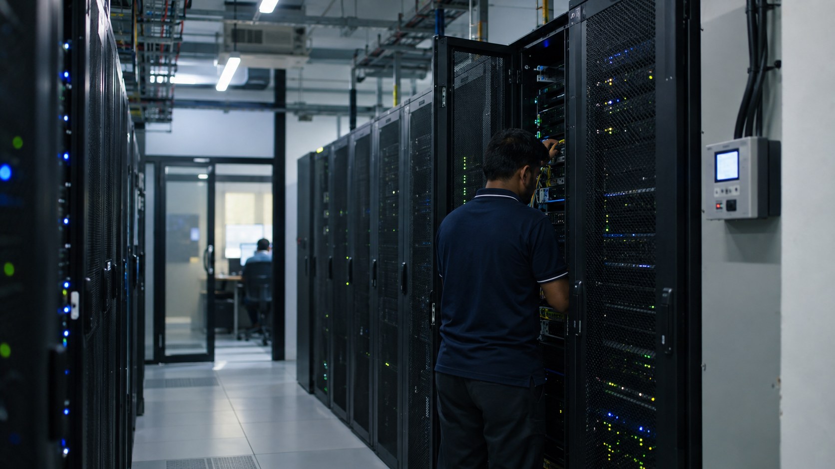 A technician opens a server rack in an Indian enterprise server room beside a wall-mounted monitoring controller