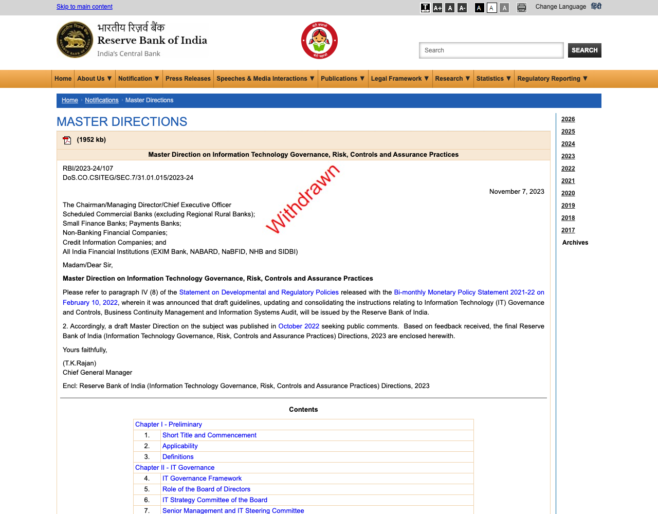 The withdrawn 2023 Master Direction on rbi.org.in