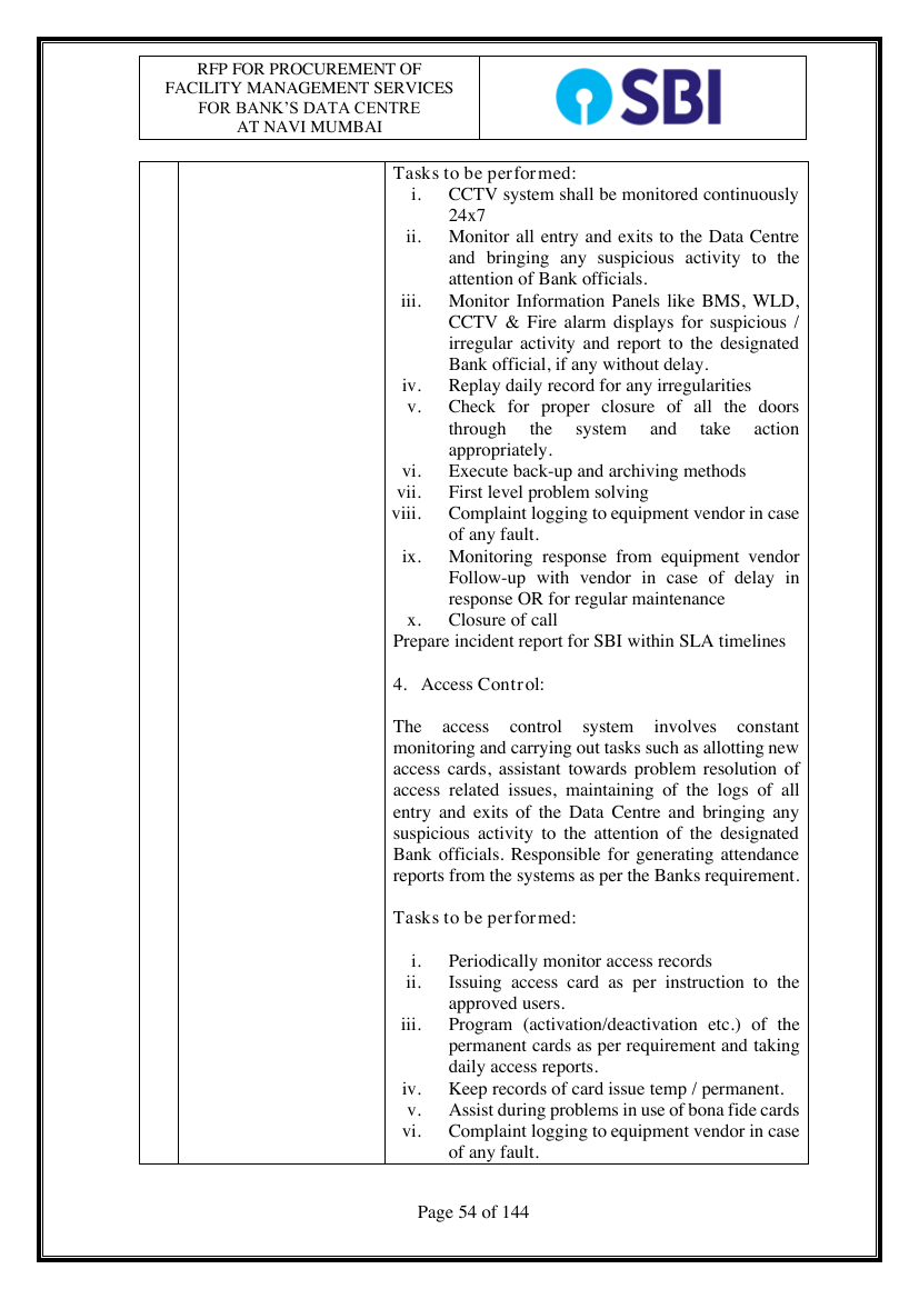 SBI RFP monitoring tasks
