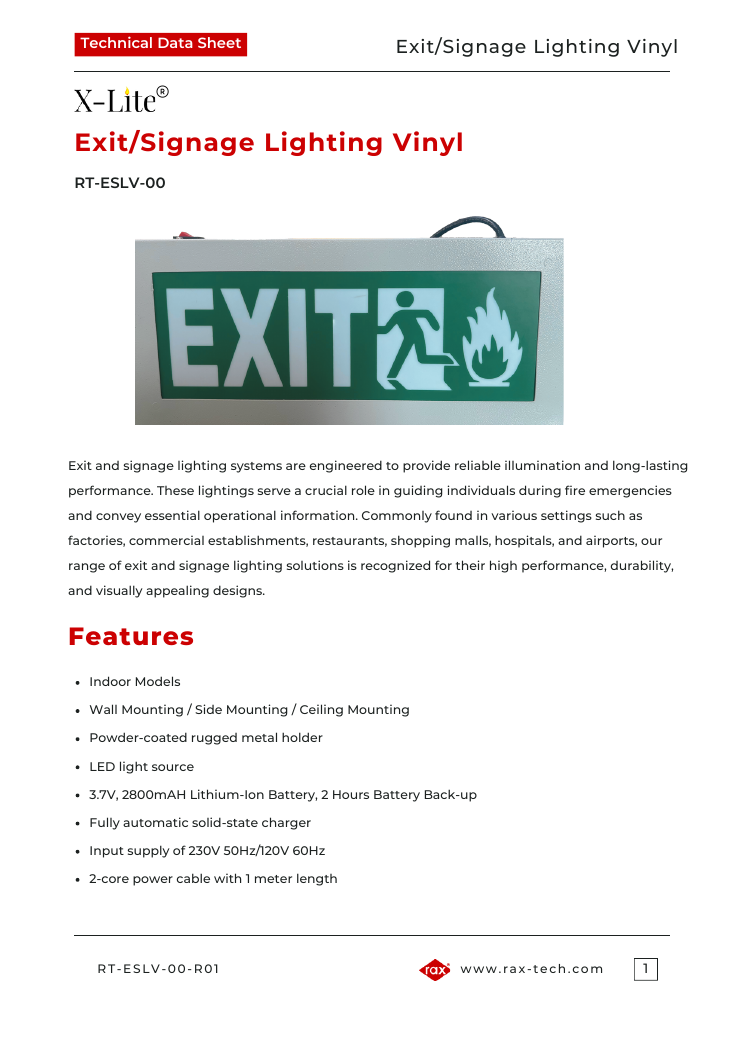 First page of the Exit/Signage Lighting Vinyl datasheet RT-ESLV-00