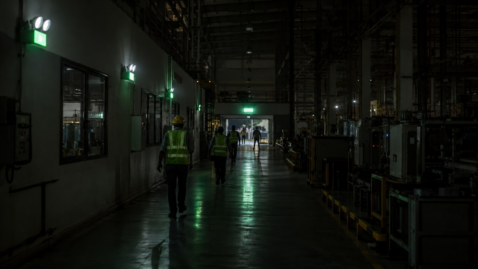 Workers in safety vests walking a dim Indian factory corridor lit by green exit signs and twin-head emergency lights during a power cut
