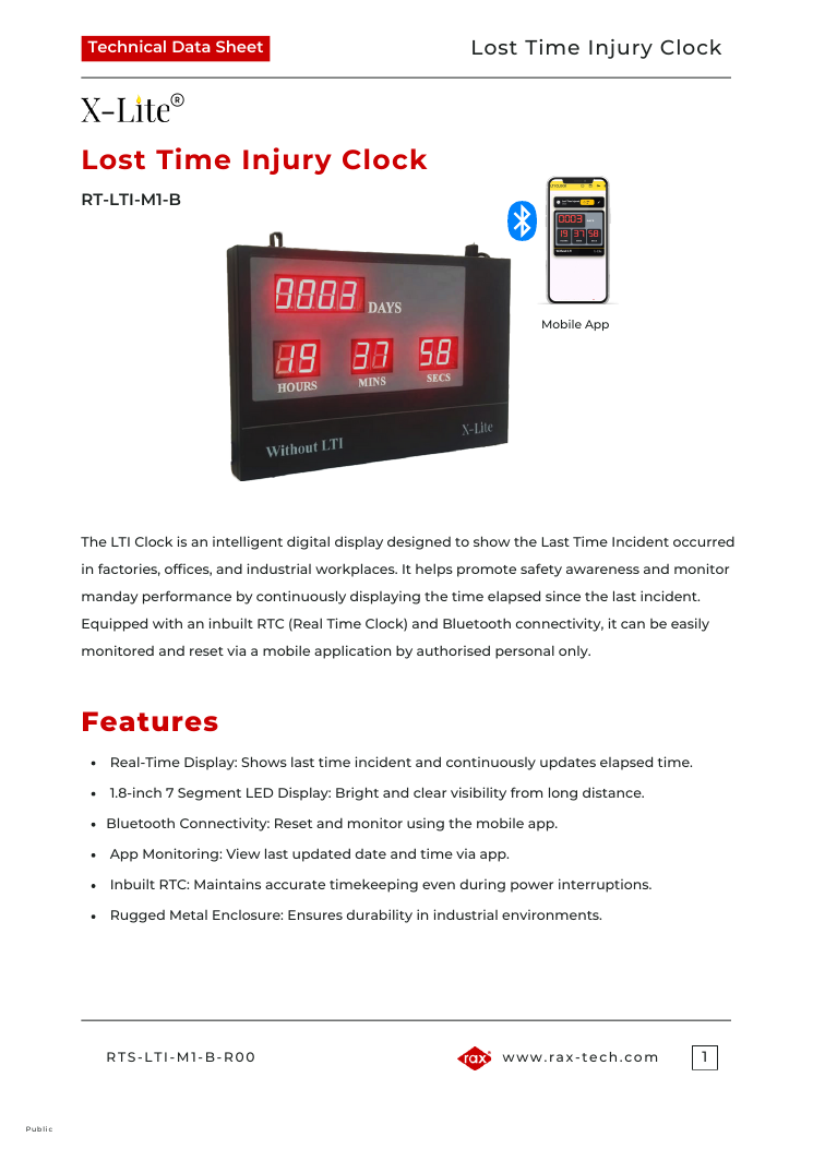 First page of the Lost Time Injury Clock technical datasheet, RT-LTI-M1-B