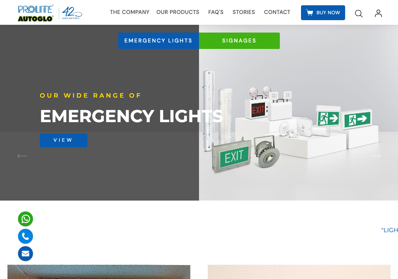 Prolite Autoglo home page with its 'first company in India with BIS certification of emergency lights' claim and central battery system launch