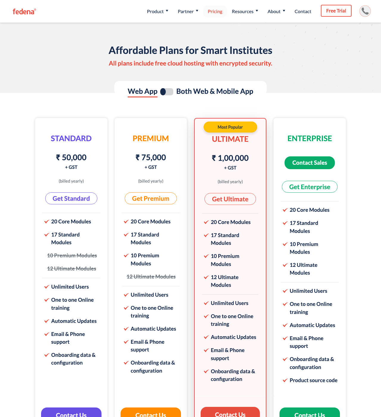 Fedena pricing page