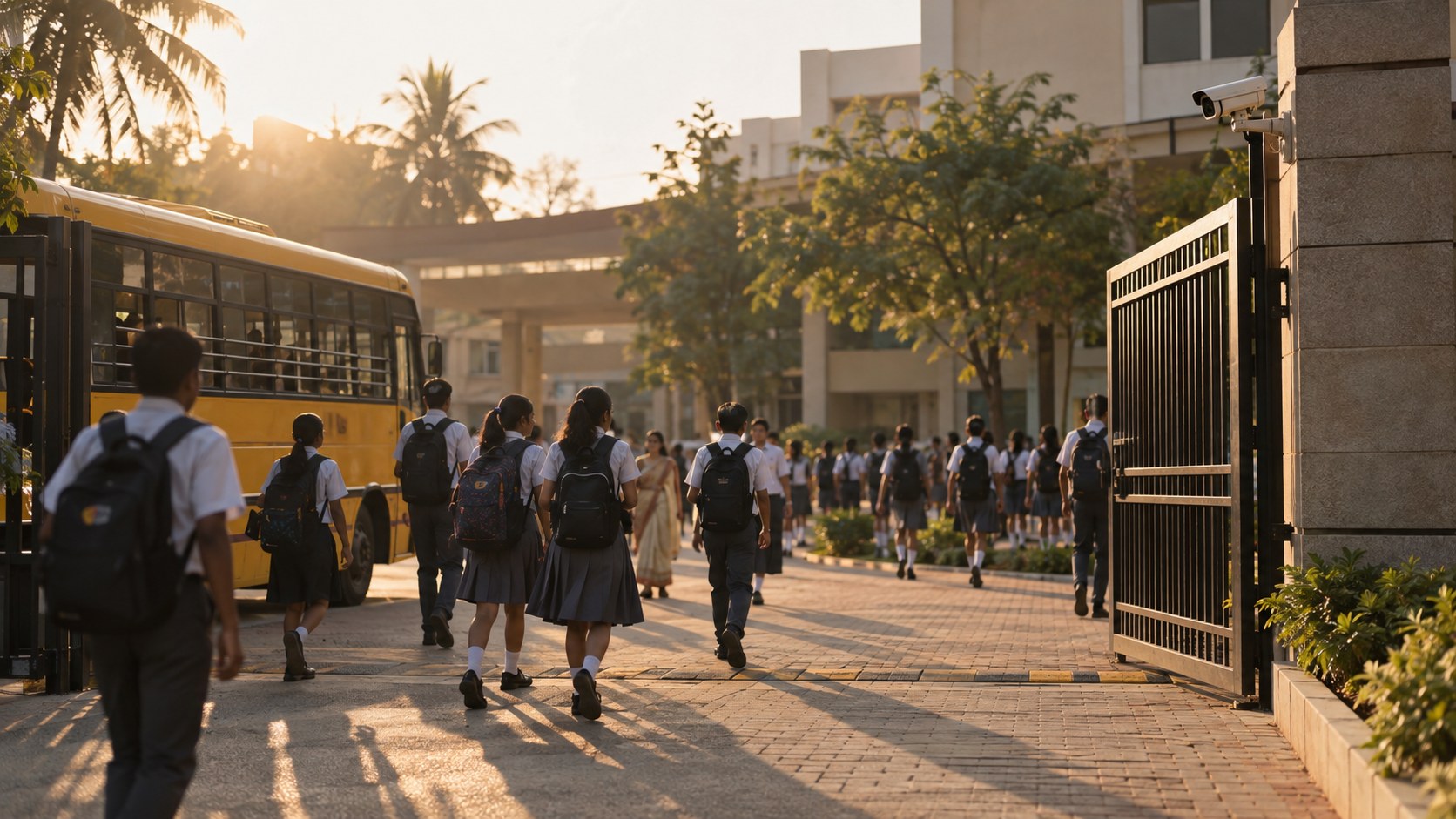 Students in uniform walk through a Tamil Nadu school gate past a yellow school bus in early morning light